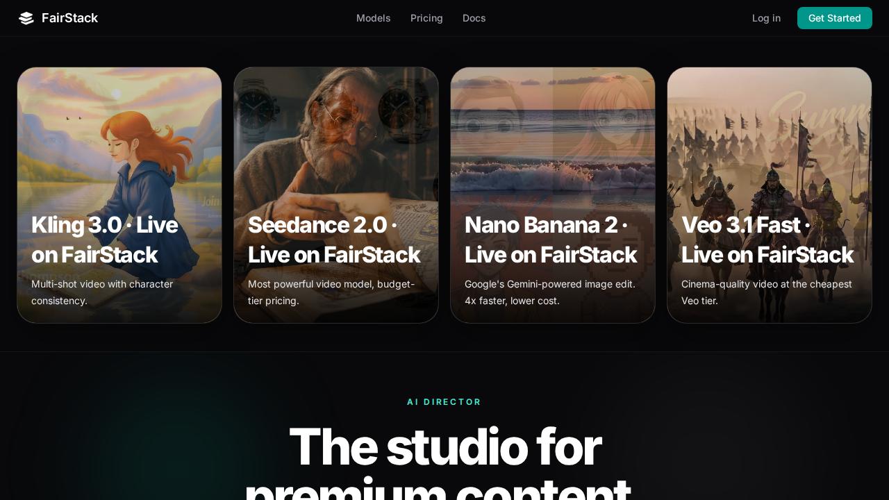 FairStack.ai hero: The studio for premium content. Tell the AI Director what you need and it writes, shoots, scores, and delivers.