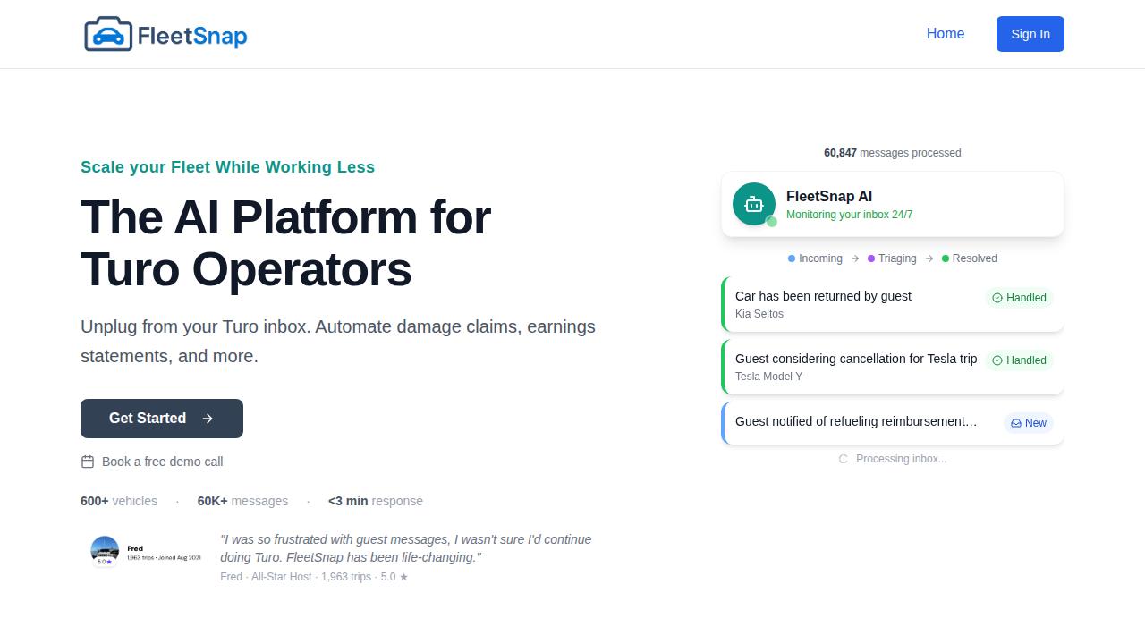 FleetSnap.ai hero: AI Inbox and Claims Assistant for Fleets.