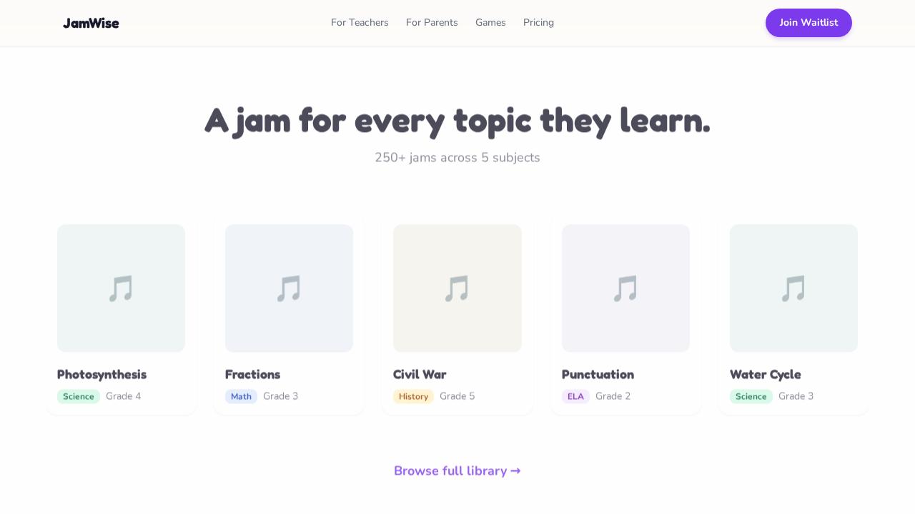 JamWise features section showing teacher classroom playback and topic generation.