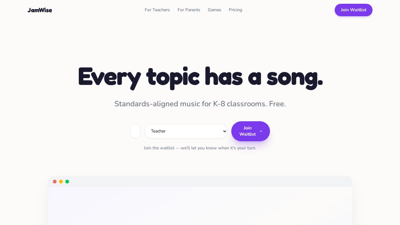 JamWise.com hero: AI-powered K-8 music classroom platform.