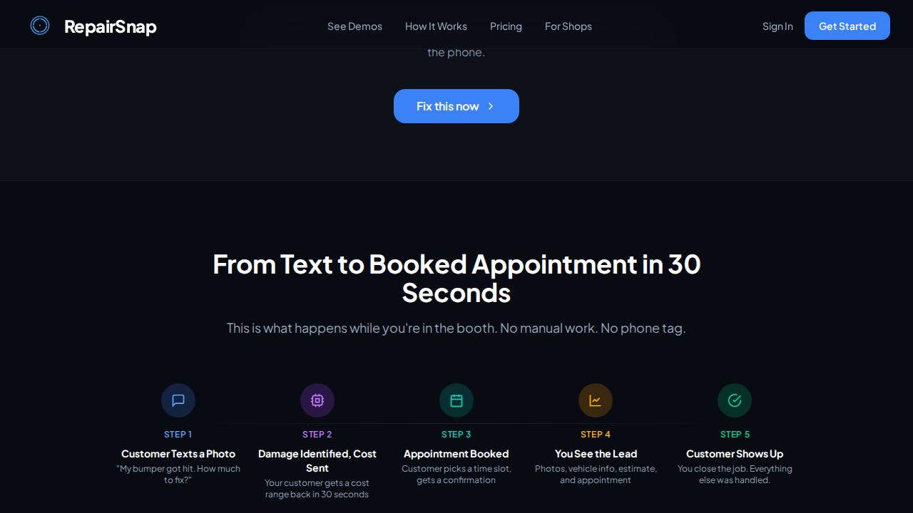 RepairSnap features section showing the AI front desk capabilities.