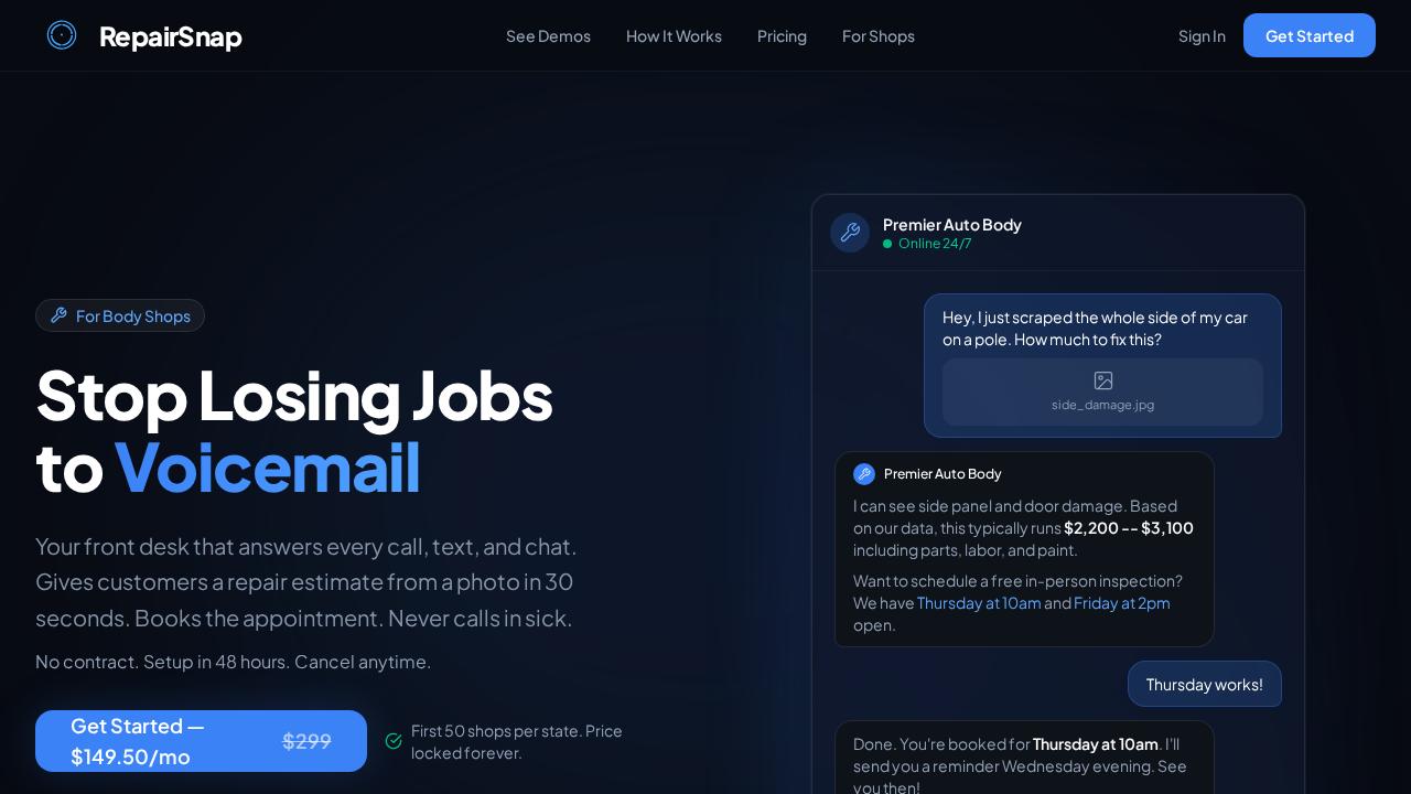 RepairSnap.cc hero: Stop Losing Jobs to Voicemail. AI front desk for auto body shops.