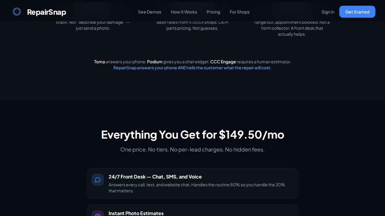 RepairSnap pricing section showing $149.50/mo intro pricing for first 50 shops per state and $299/mo standard.