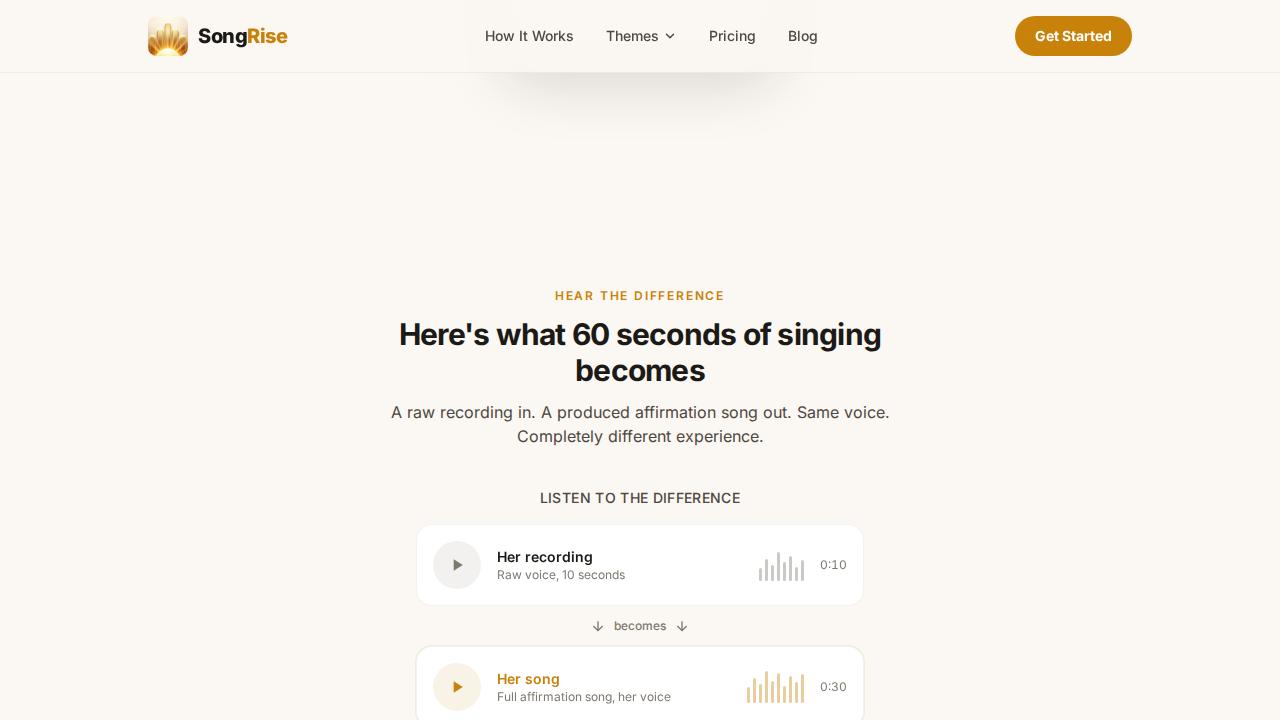 SongRise feature section showing voice cloning and personalized song generation.